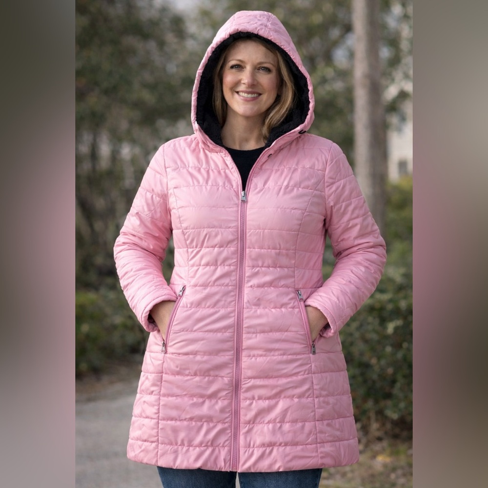 🌸 Pink Plush-Lined Hooded Puffer Coat – Women’s Large NWOT